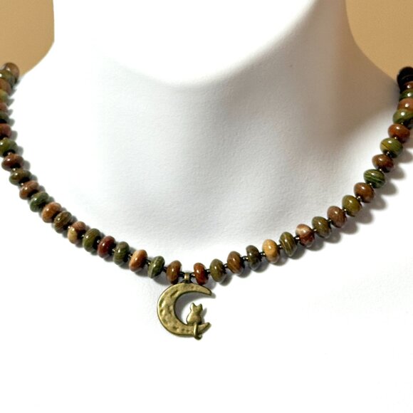 Genuine Earthy Polychrome Jasper Bronze Cat on the Moon Beaded Short Necklace - Picture 2 of 13
